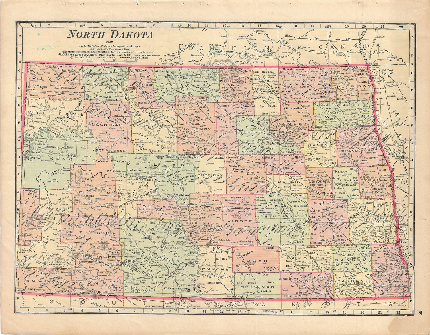 1900 Map of North Dakota (SD rev.) by George Cram