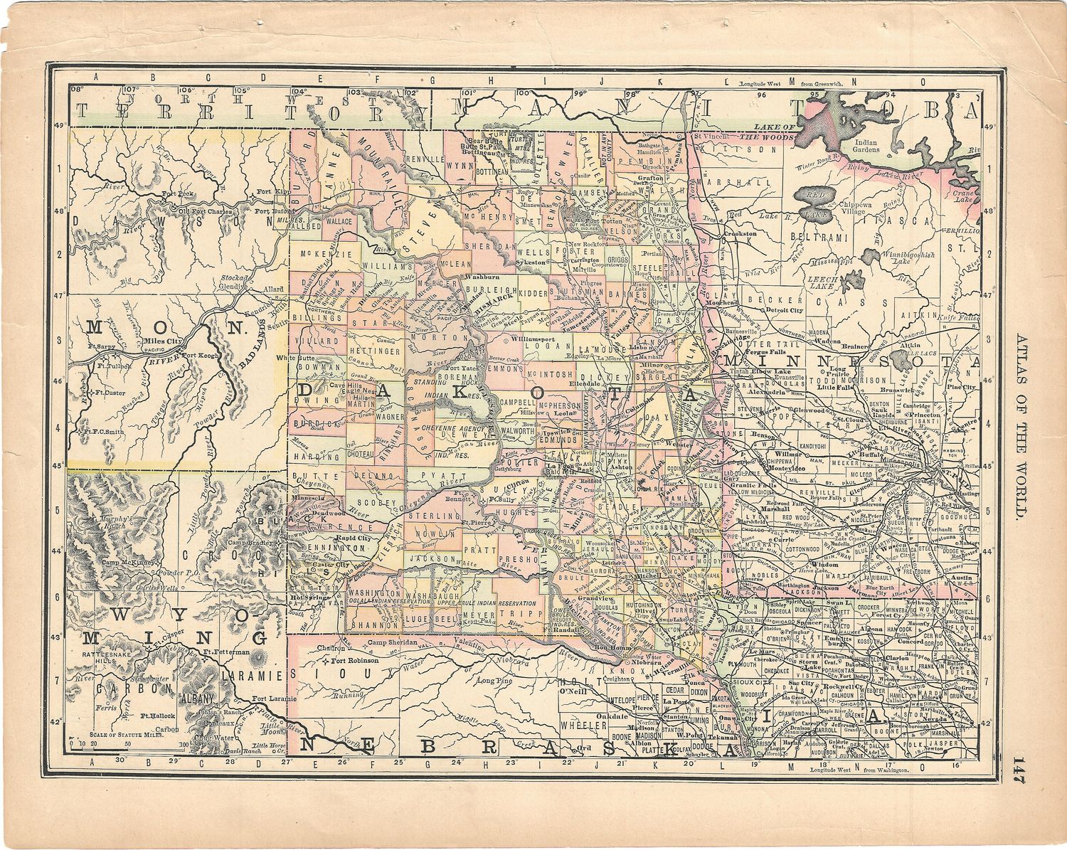 1900 Map of the Dakotas from the Atlas of the World