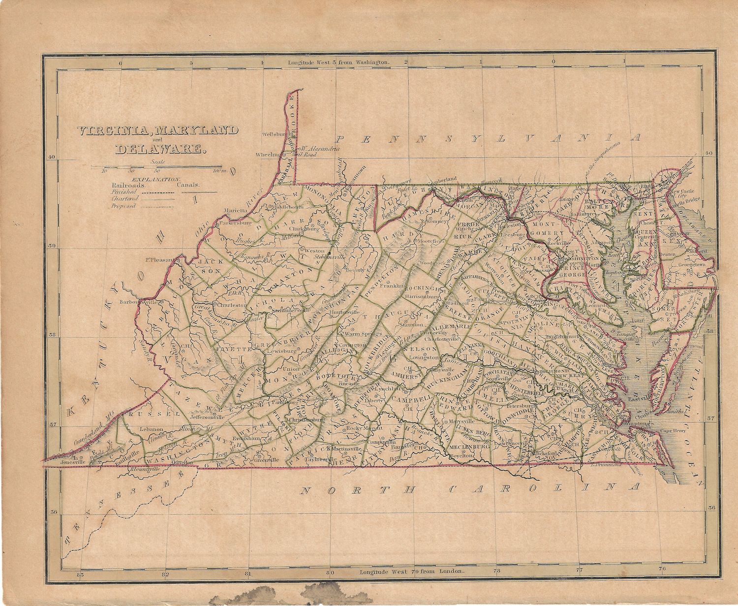 1844 Map of Virginia, Maryland &amp; Delaware showng Railroads and Canals w/ ohc