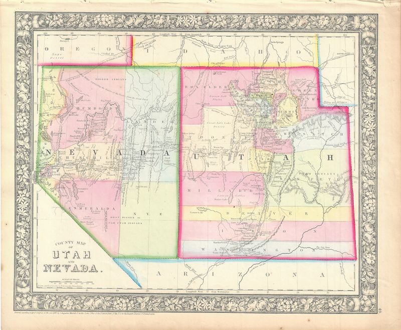 1866 Map of Utah &amp; Nevada by S. Augustus Mitchell w/ ohc