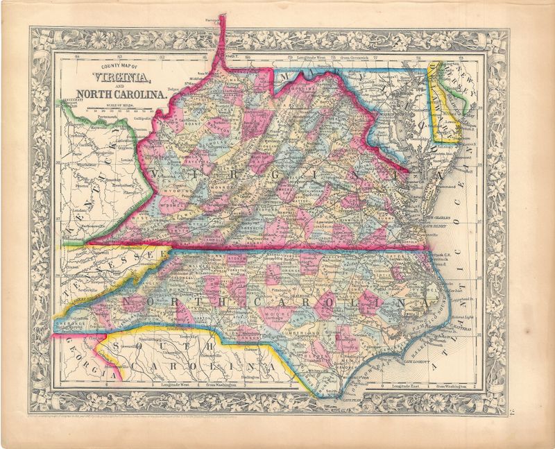 1860 Map of Virginia &amp; North Carolina by S. Augustus Mitchell w/ ohc