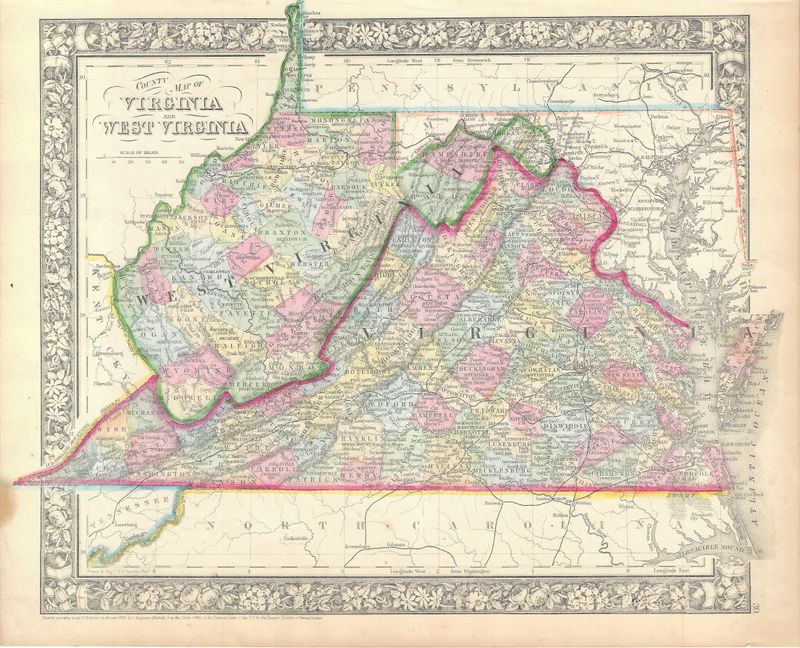 1866 (1863) Map of Virginia and West Virgina by S. Augustus Mitchell