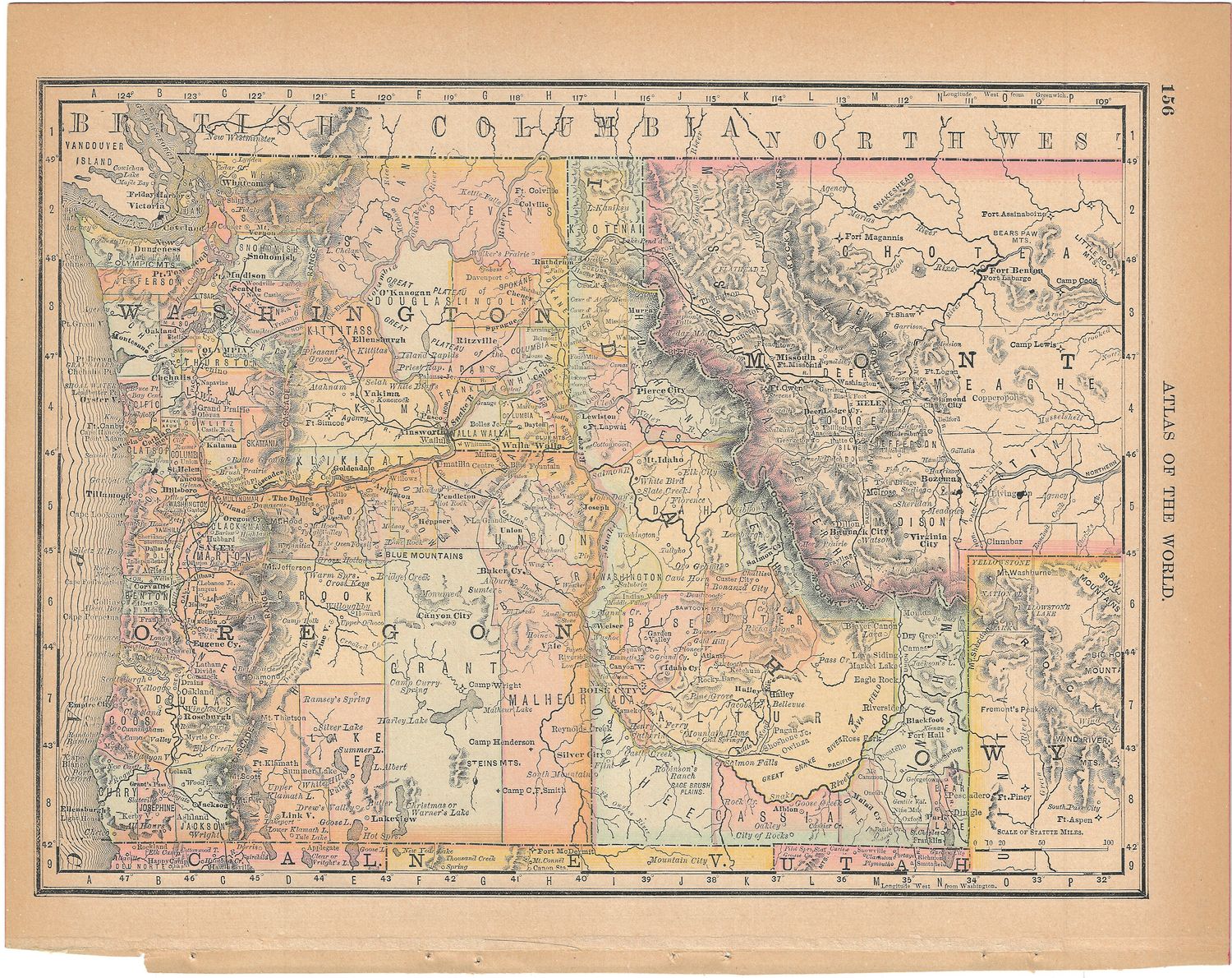 1900 Map of Washington, Oregon &amp; Idaho from the Atlas of the World