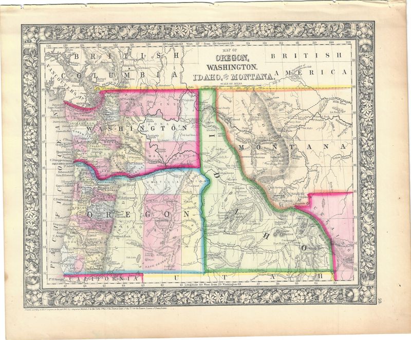 1866 (1860) Map of Oregon, Washington, Idaho &amp; Montana by S. Augustus Mitchell w/ ohc