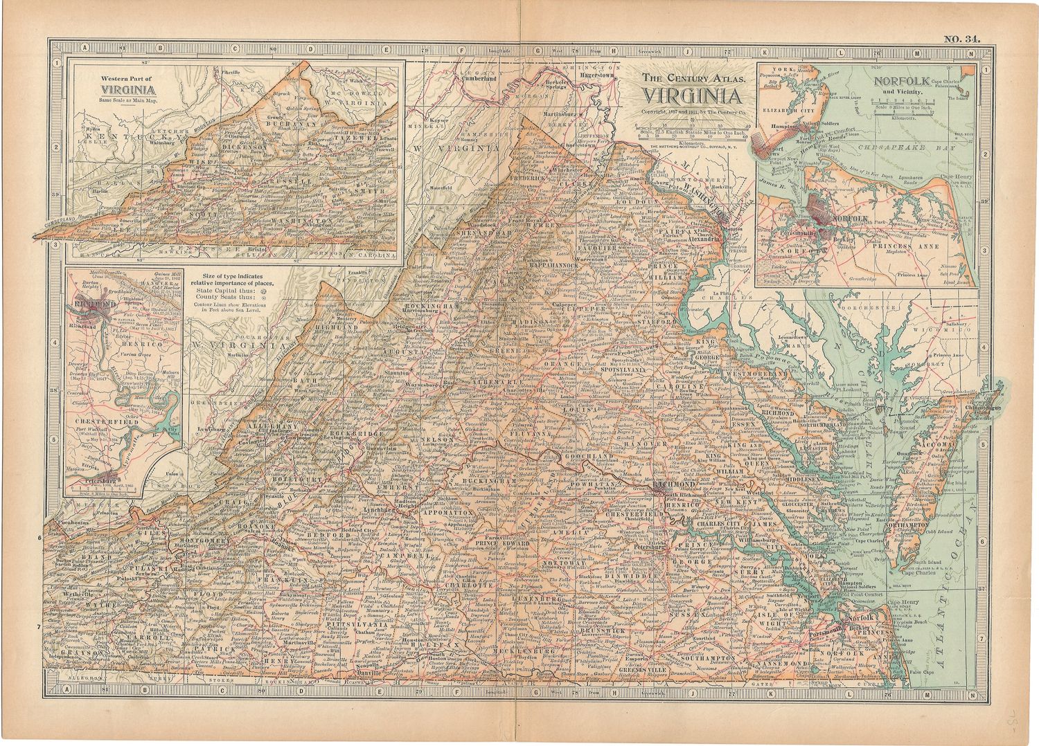 1911 Map of Virginia from the Century Atlas 