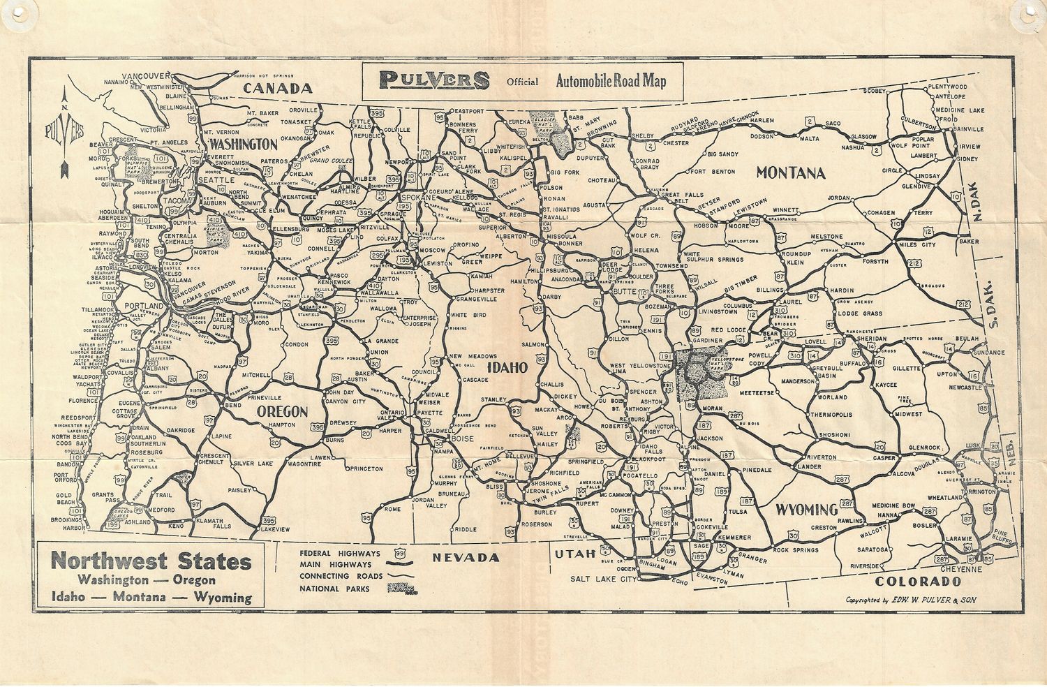1940 Highway Map of Northwest States from Pulvers  w/ Hotels &amp; Food listings