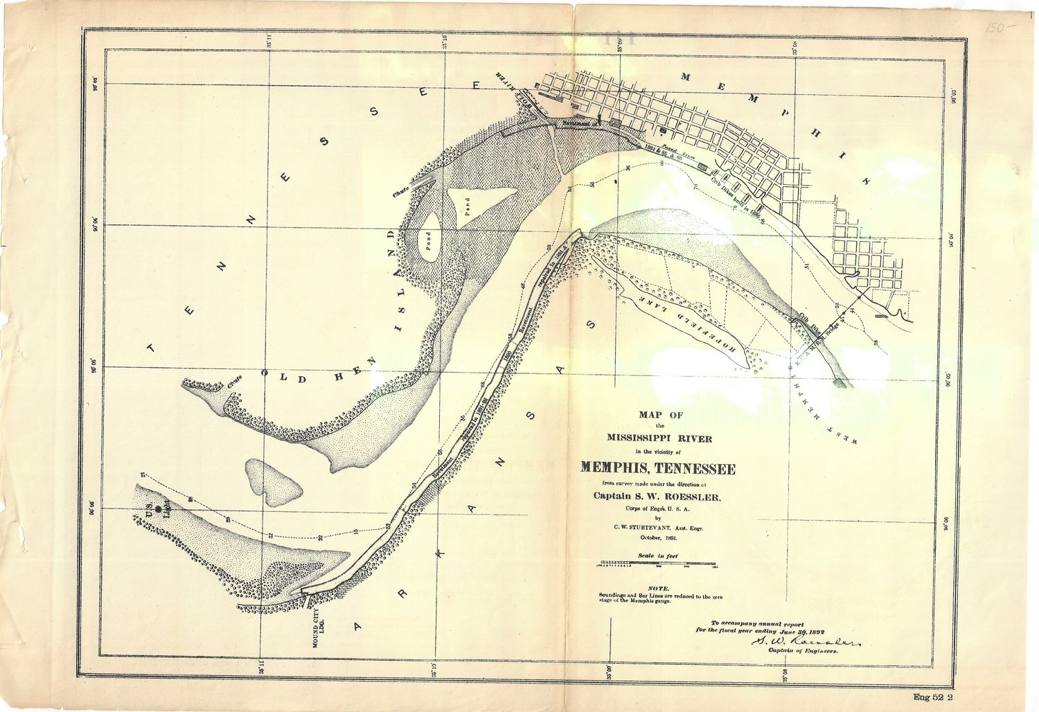 1891 Map of the Mississippi River within Memphis TN