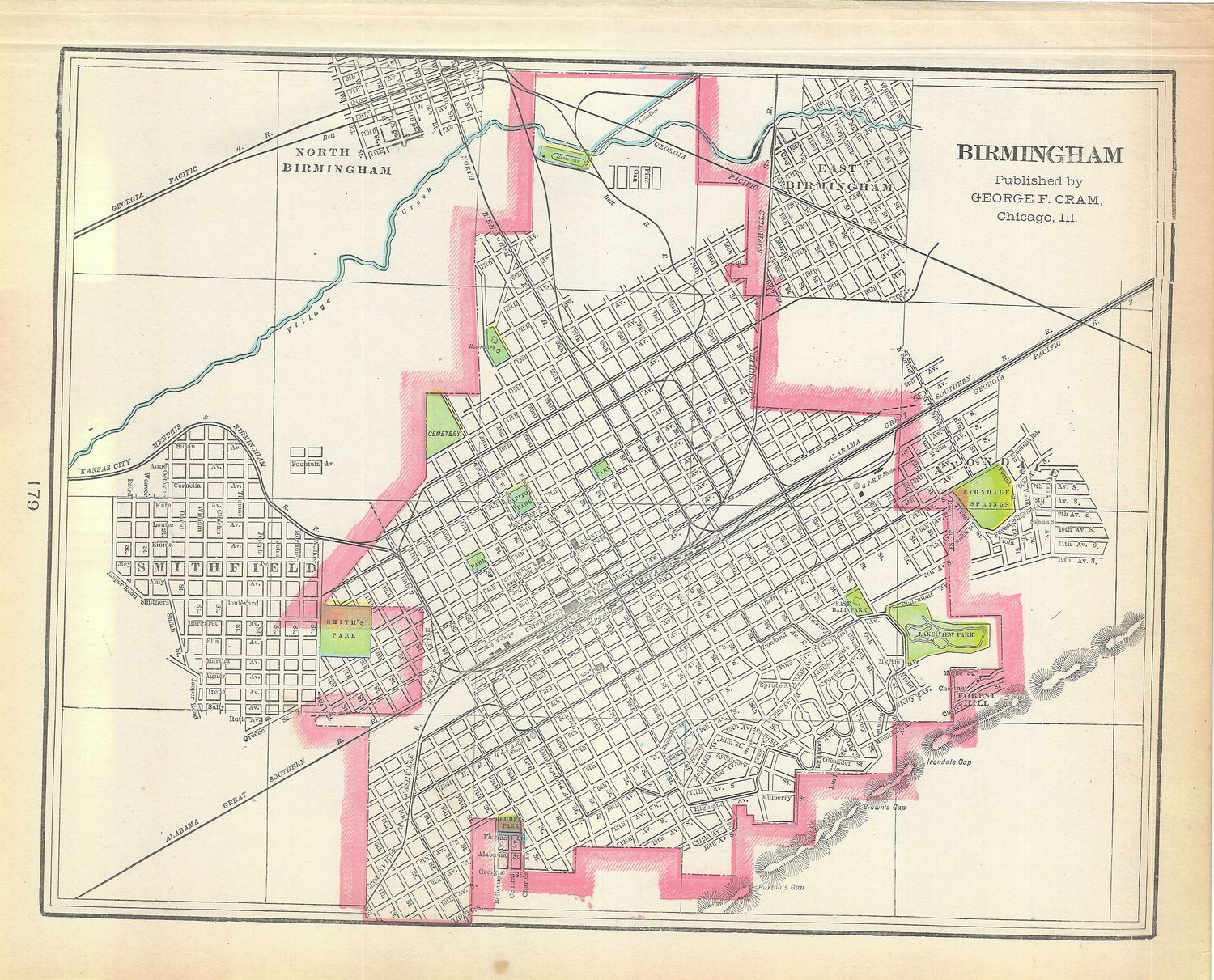 1901 Map of Birmingham , Alabama by George Cram