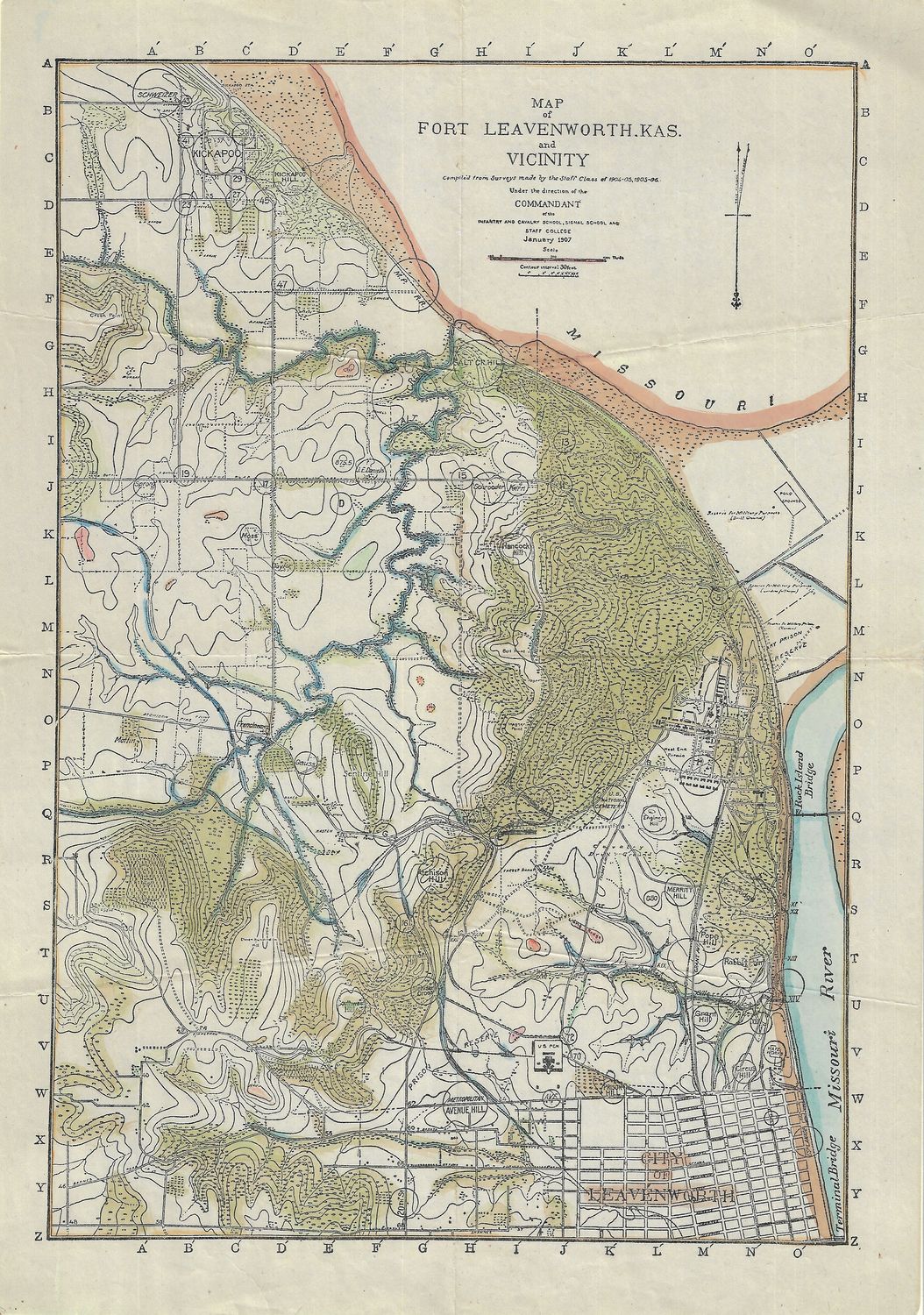 1907 Map of Ft. Leavenworth KS from the Infantry Cavalry  w/hc