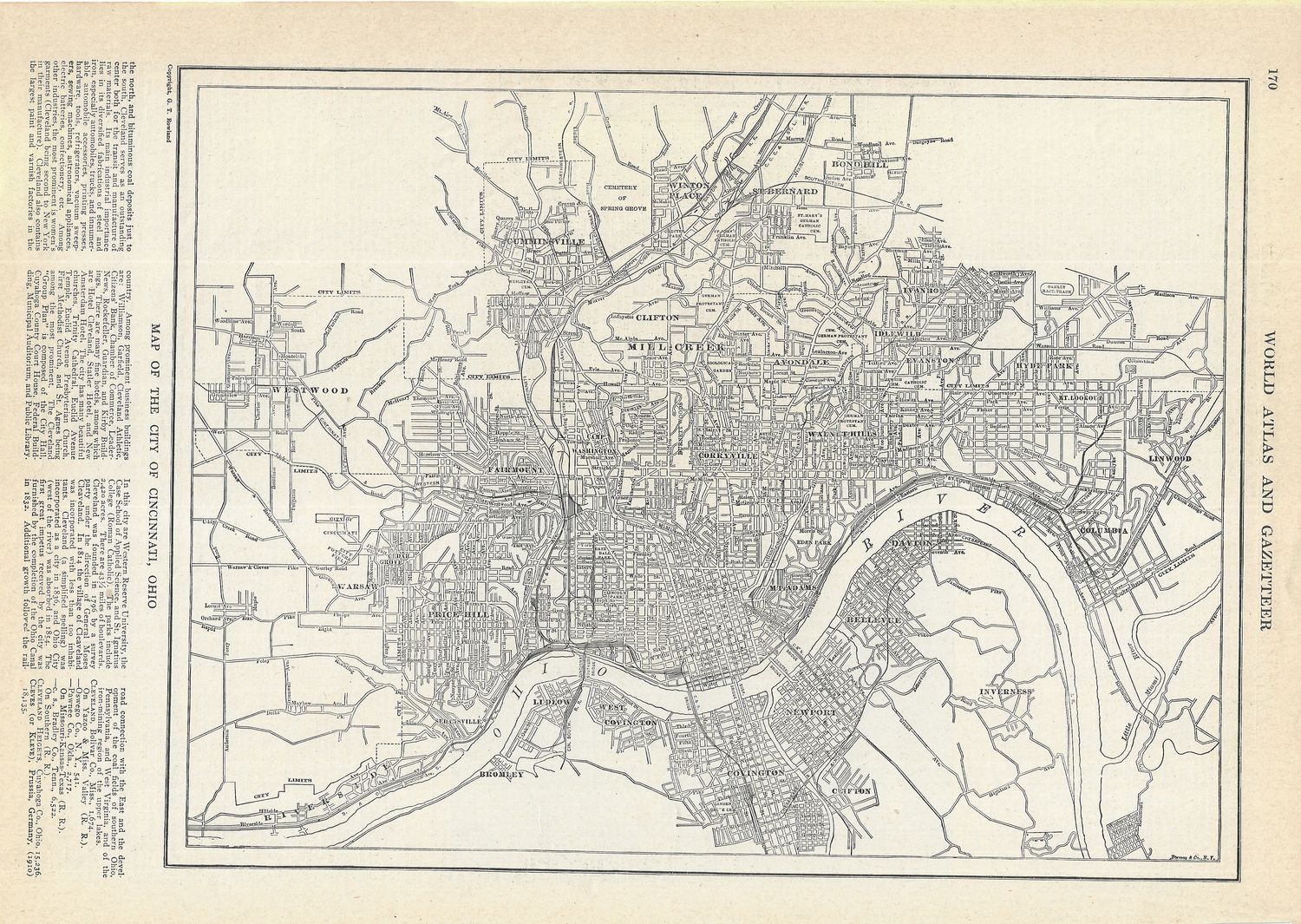 1921 Map of Cincinnati, Oh. from the Gazetteer of Cities &amp; Towns by JN Matthews