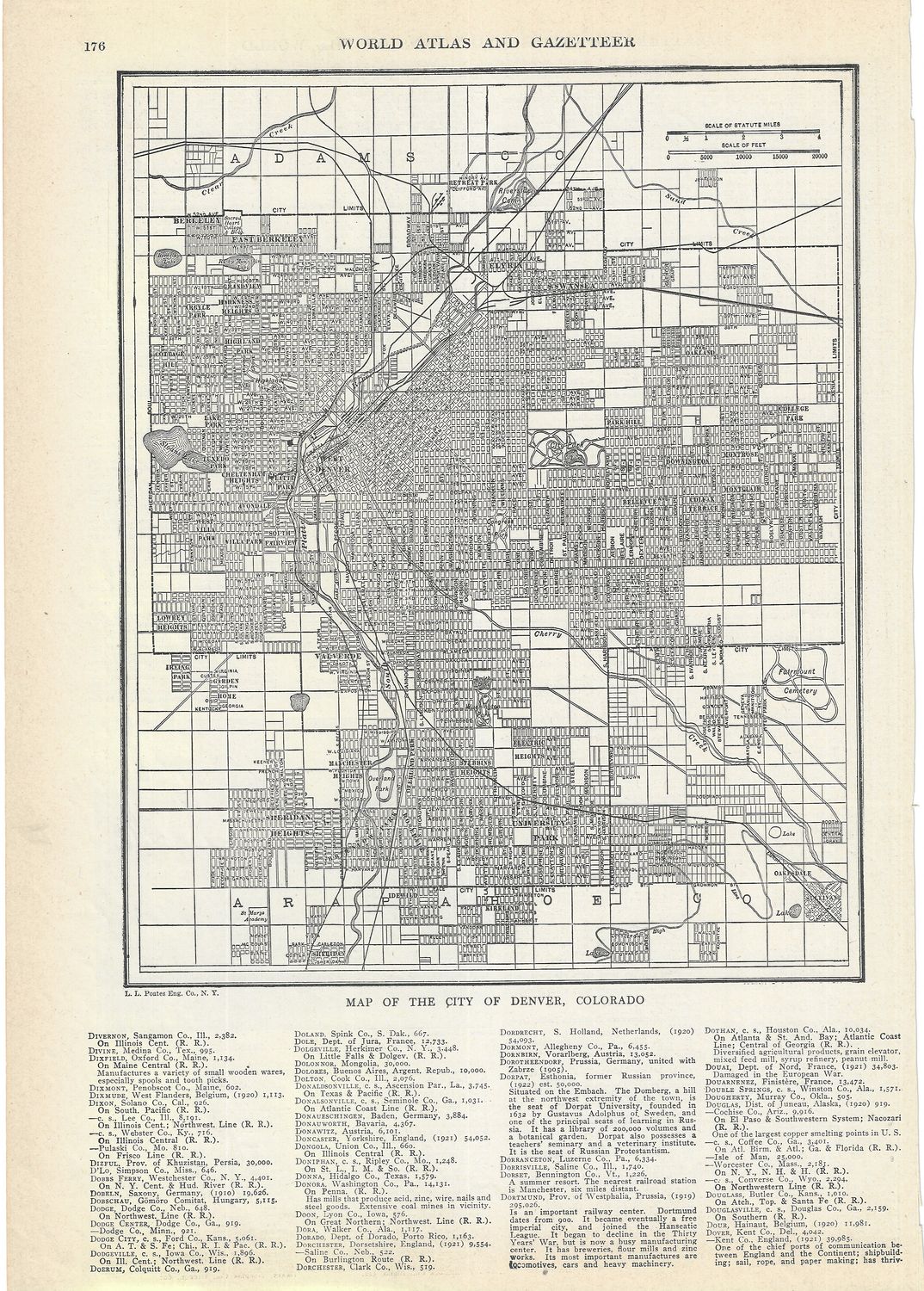 1921 Map of Denver, Co. from the  Gazetteer of Cities &amp; Towns  by L.L. Poates