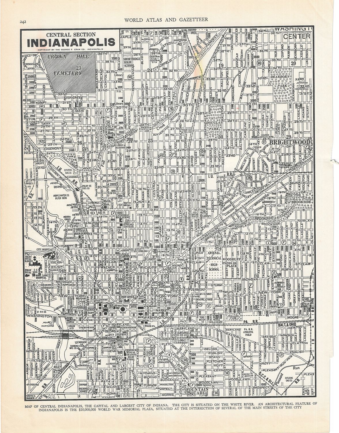 1921 Map of Central Indianapolis, In. from the Gazetteer of Cities &amp; Towns