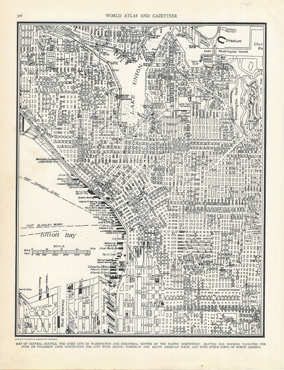 1940 Map of Seattle from the World Atlas and Gazetteer
