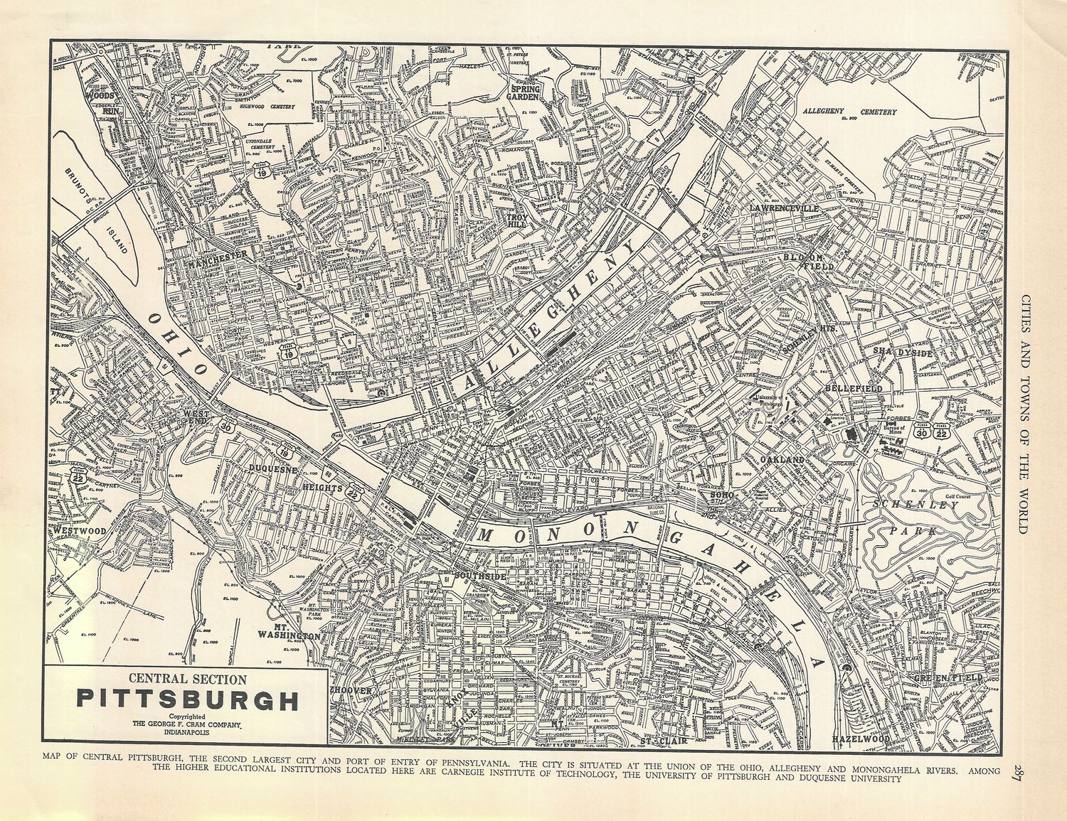 1921 Map of Central Pittsburgh Pa. from the Gazetteer of Cities &amp; Towns