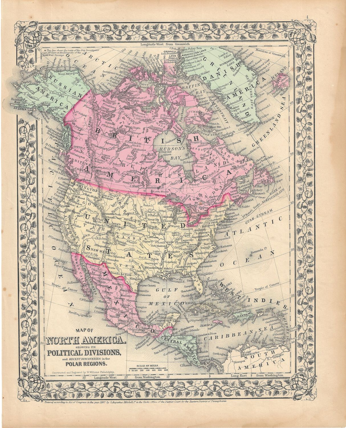 1867 Map of North America by S. Augustus Mitchell