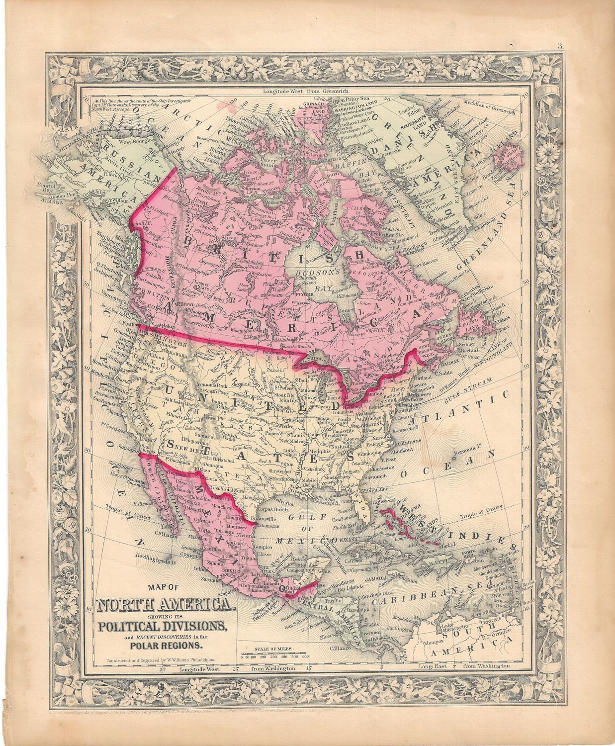 1860 Map of North America by S. Augustus Mitchell w/ohc