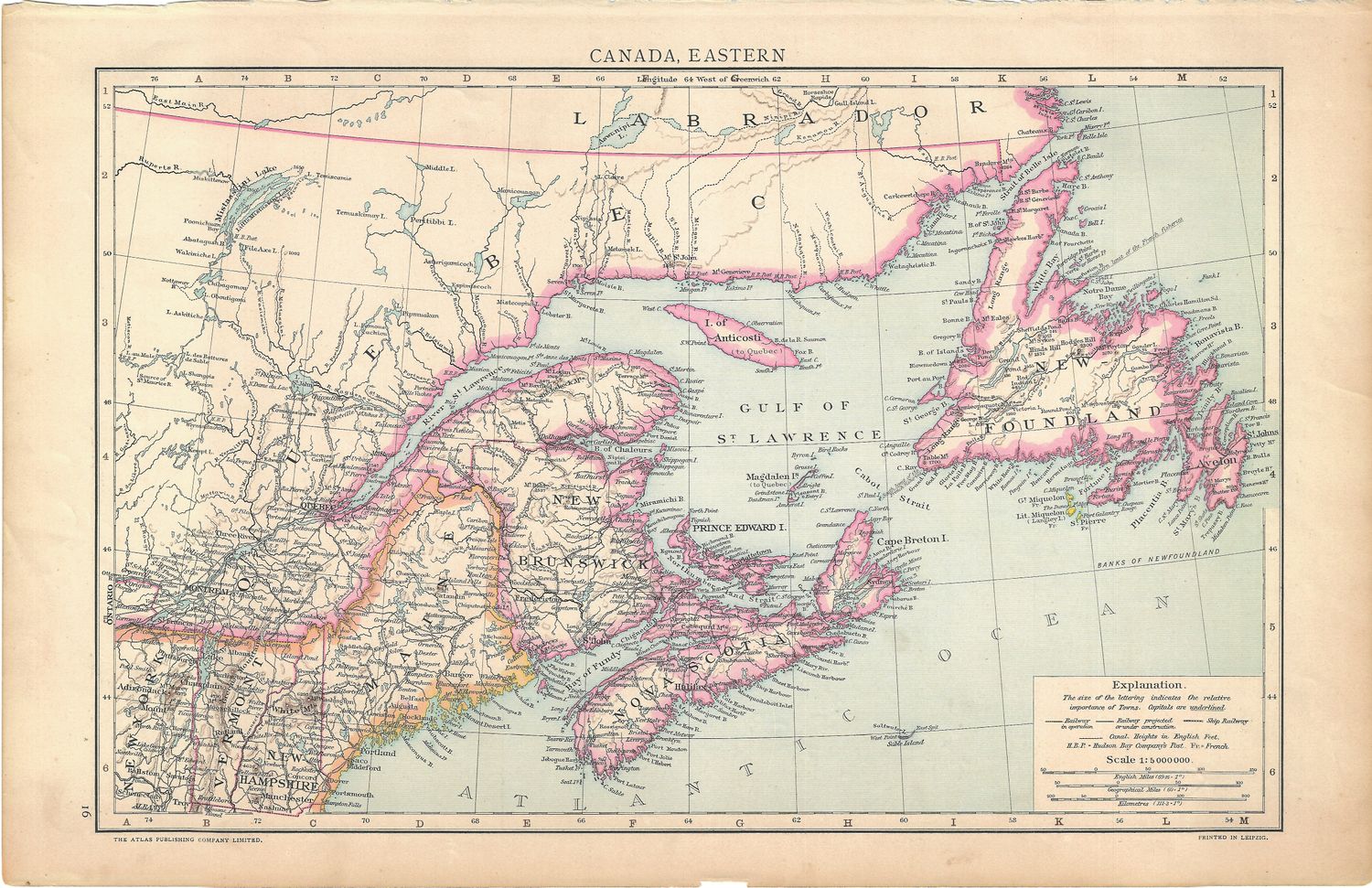 1893 Map of Eastern Canada by the Atlas Pub Co.-Leipzig