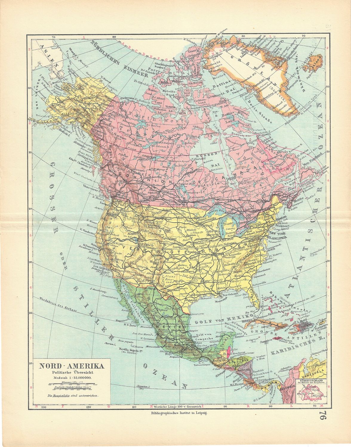 1895 Political Map of North America by the Bibliographic Institute in Leipzig, Germany