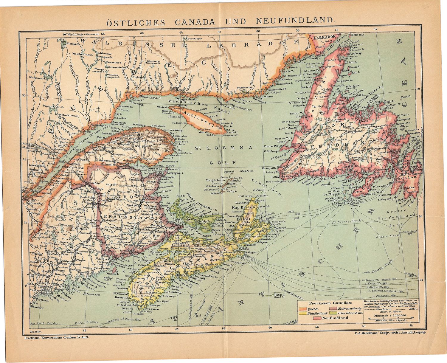 1904 Map of Eastern Canada and Newfoundland by F.A. Brockhaus