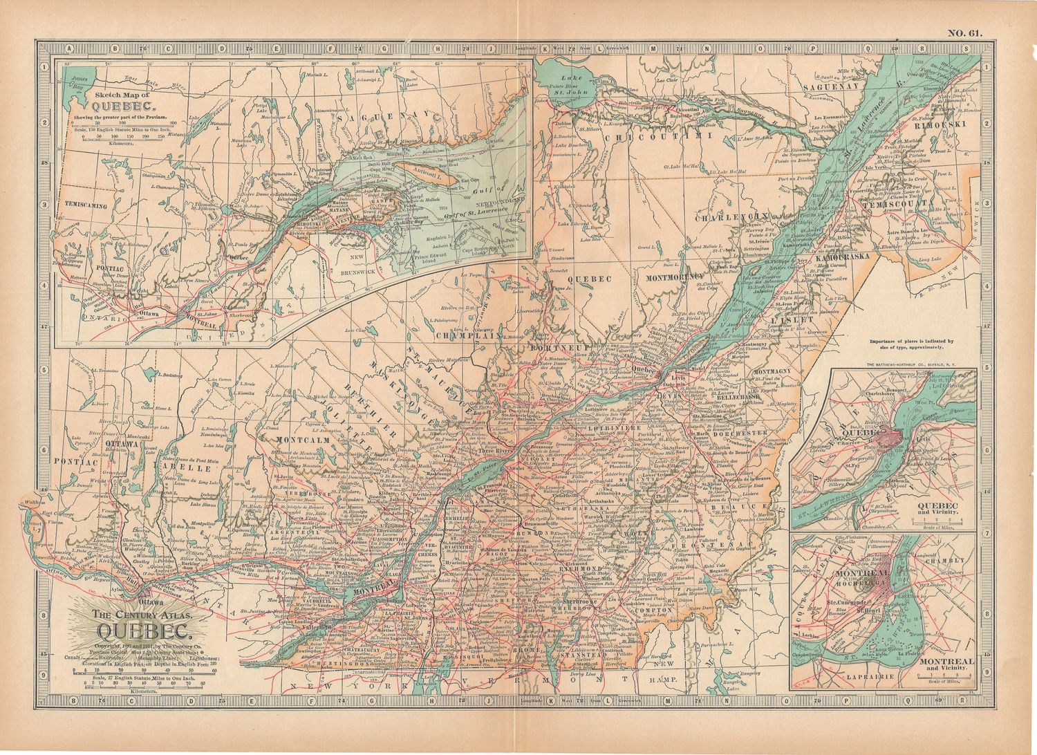 1911 Map of Quebec, Canada by the  Century Atlas
