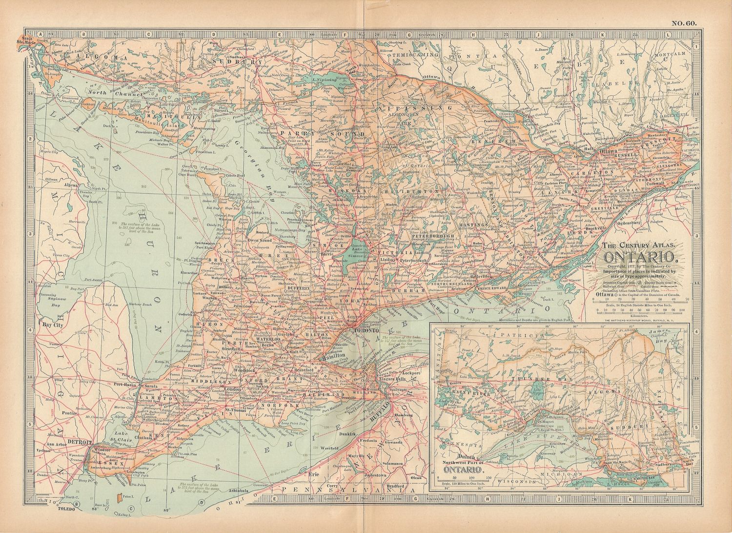 1911 Map of Ontario, Canada by the Century Atlas