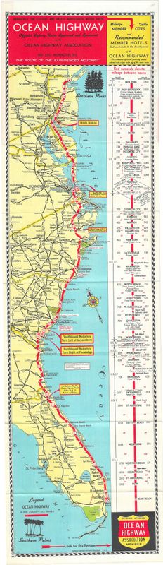 1949 Map of the Ocean Highway from New York to Miami, Fla