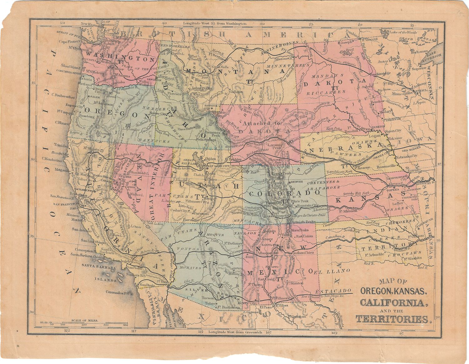 1861 Map of Oregon, Kansas, California &amp; Territories w/ohc