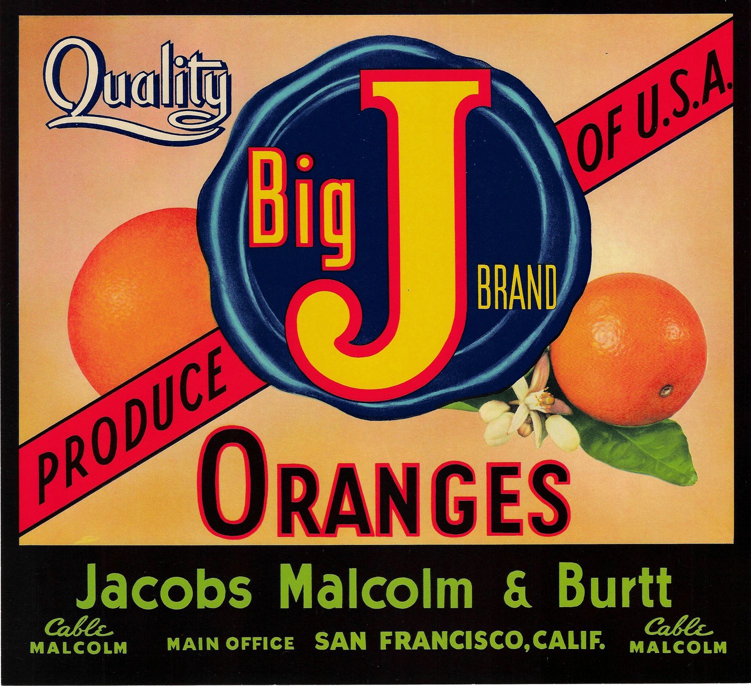 20th Century Fruit Label - Big J Oranges of San Francisco