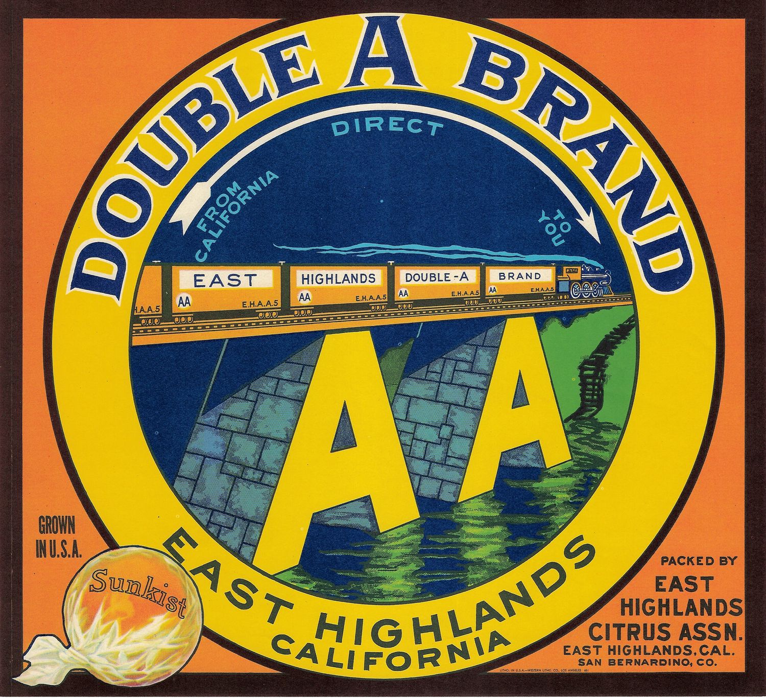 20th Century Fruit Label - Double A Oranges of East Highlands