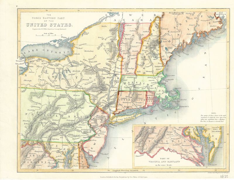 1838 Map of the North Eastern Part of the United States by W. Hughes w/hc