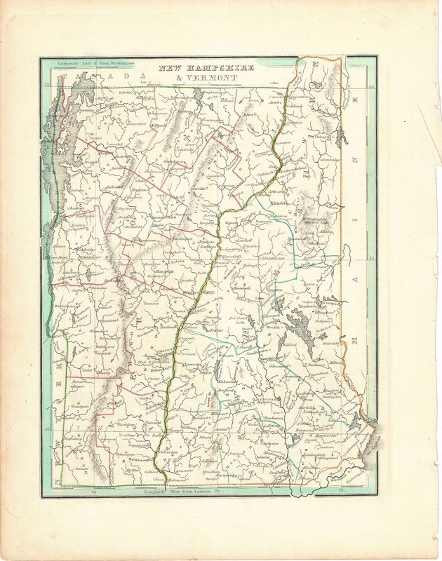 1835 Map of New Hampshire and Vermont with text page by Bradford w/ohc