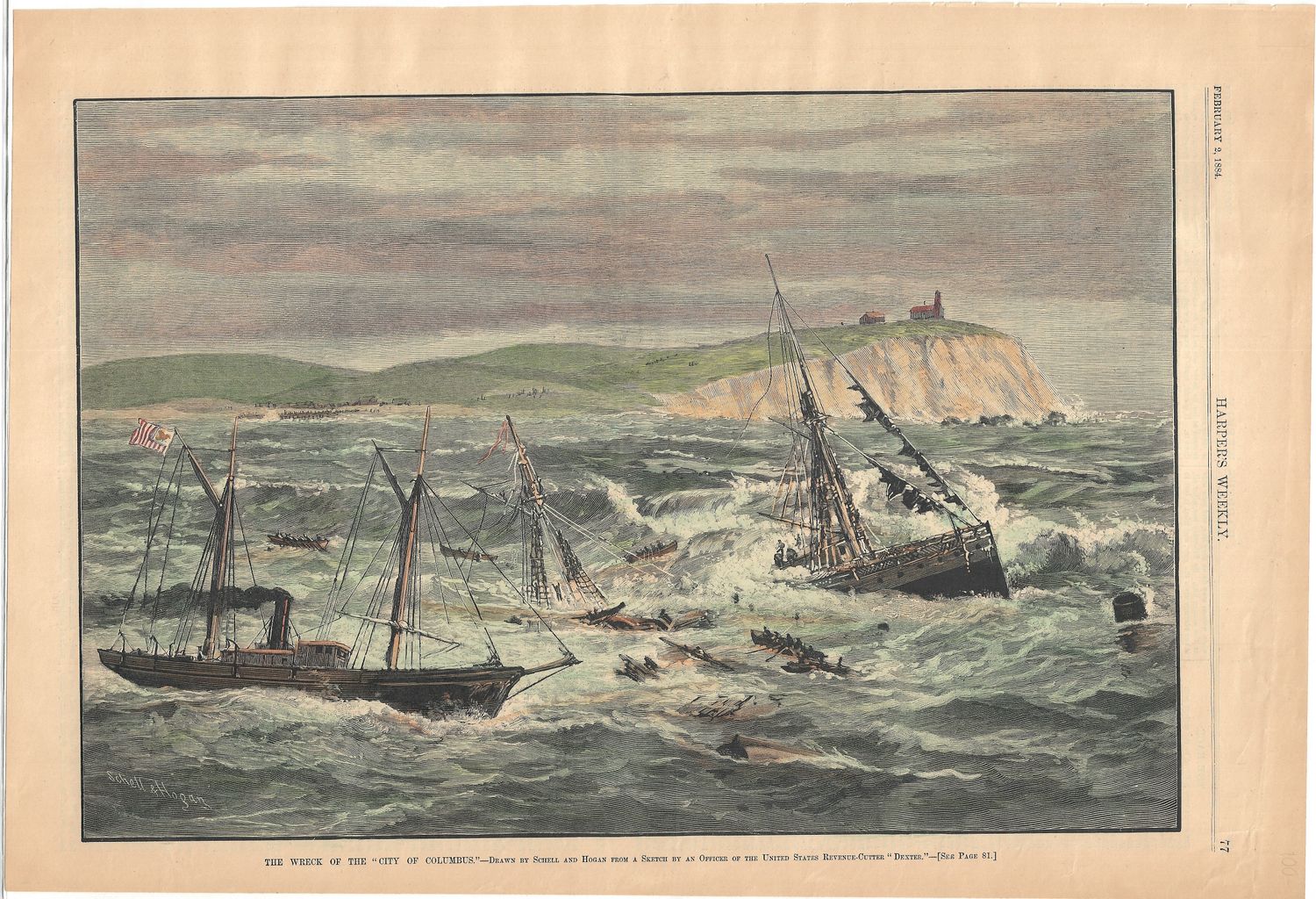 1884 View of the Wreck of the "City of Columbus" from Harper's Weekly w/hc
