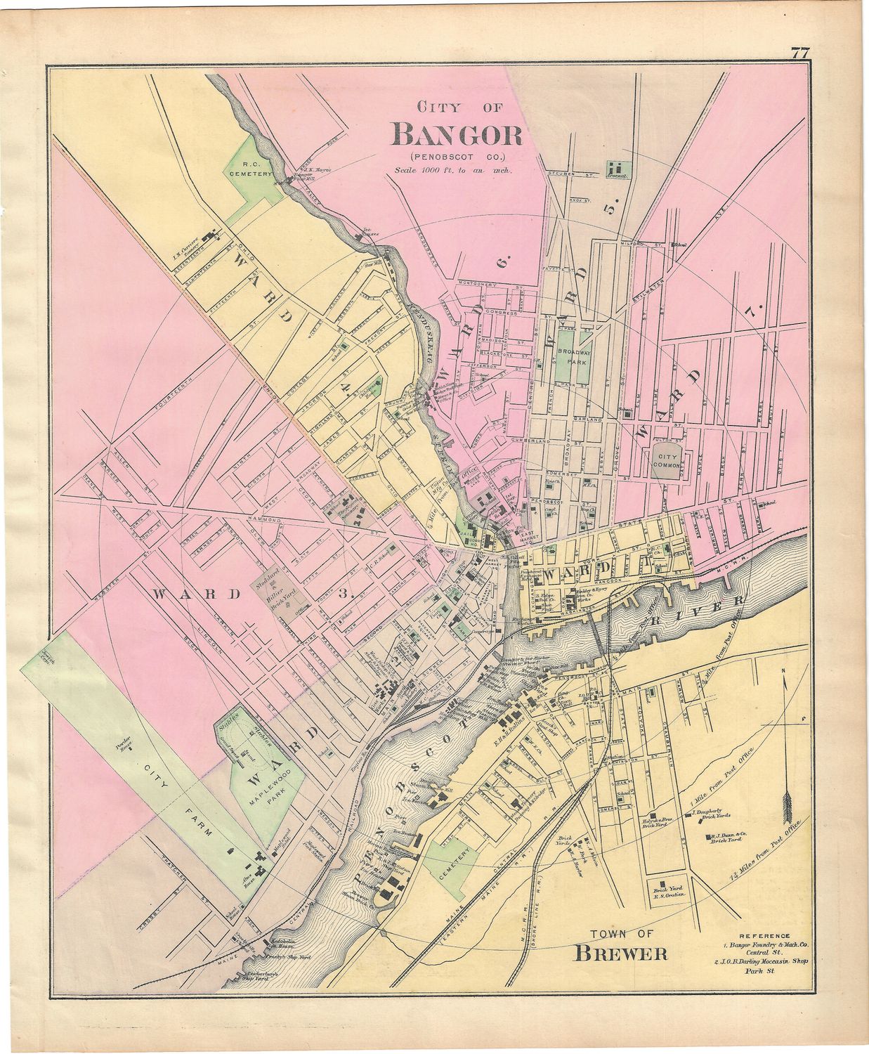 1884 Map of the City of Bangor , Town of Ellsworth ME by Beers
