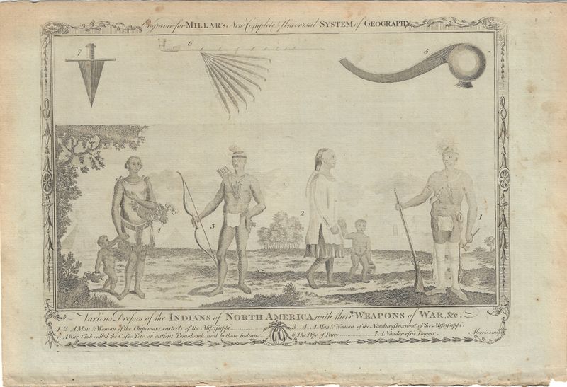 1785 View of the Various Dresses of the Indians of North America with their Weapons from Millar's Geography 
