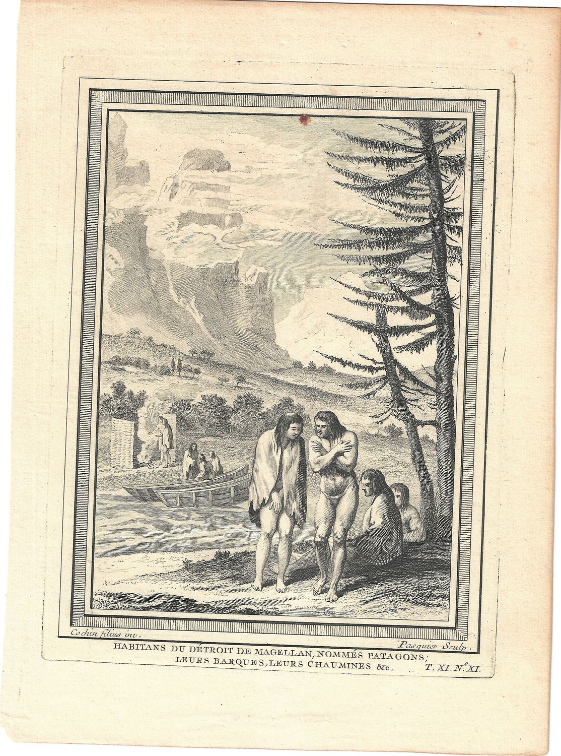 1788 View of the Peoples of the Straights of Magellen &amp; Patagonia and their boats in French 