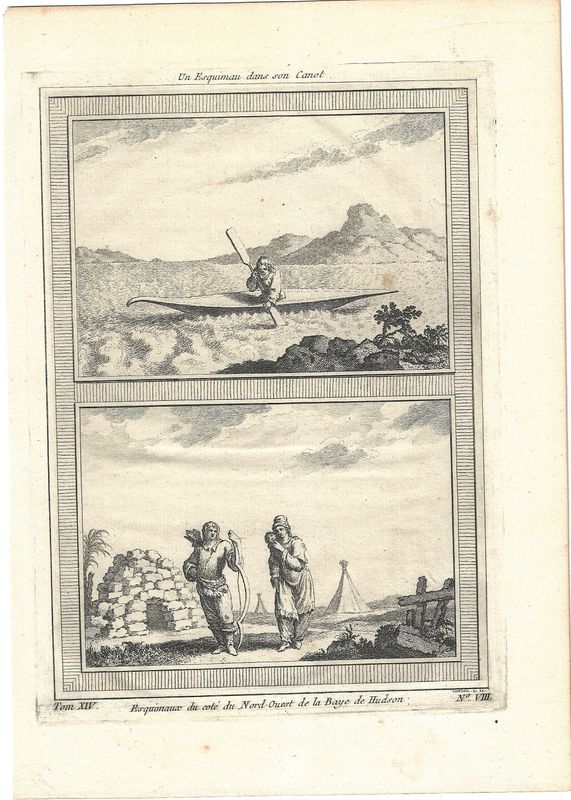1788 View of Native People of Hudson Bay and Canoe / Kayak in French