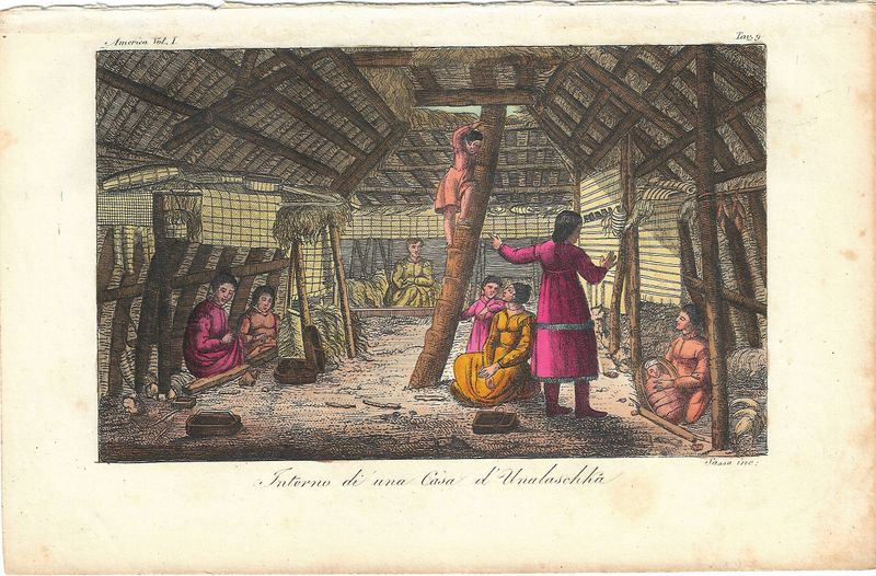1826 View of the Interior fo the habitation of the Peoples of Oonalaska in Italian