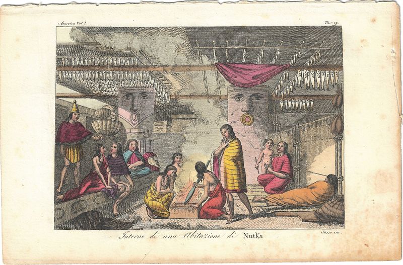 1826 View of the Interior of the habitation of the Peoples of Nootka in Italian