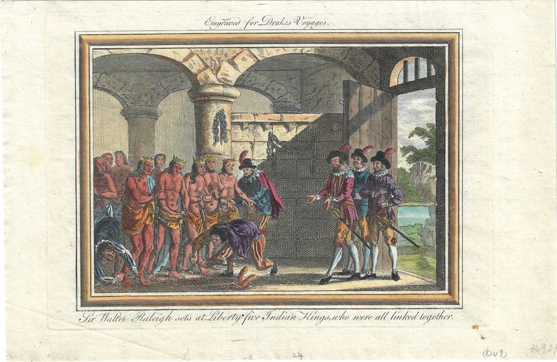 1768 View of Sir Walter Raliegh Releasing the Captive Indian Kings w/hc