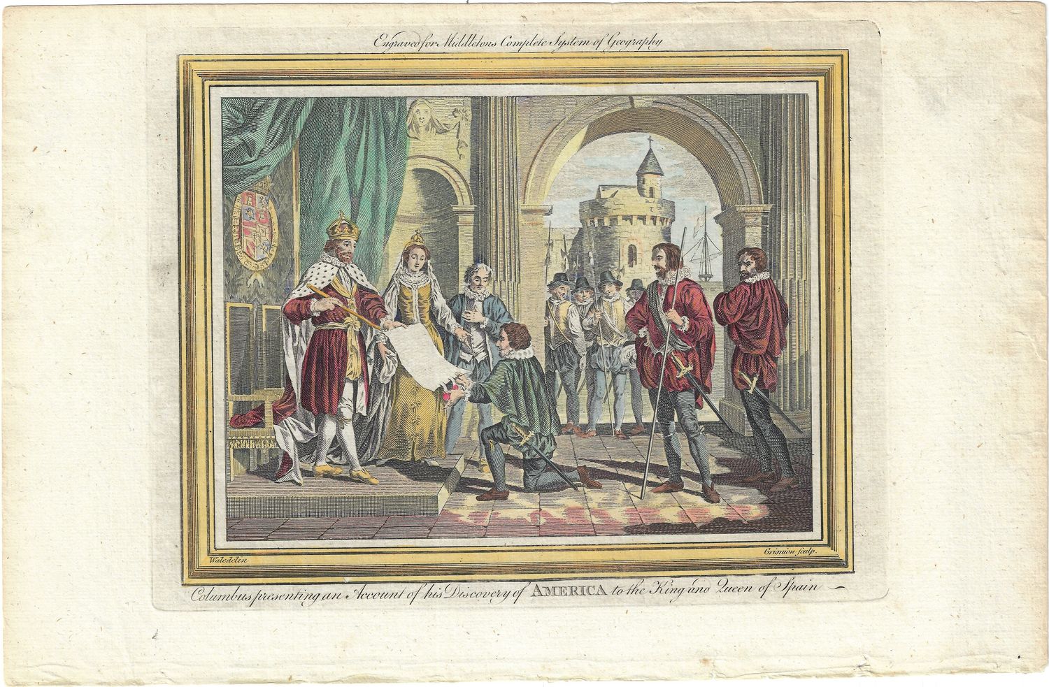 1785 View of Columbus Presenting an Accounting of the Discovery of America w/hc from Middleton&#39;s
