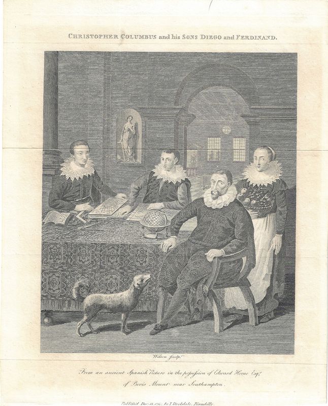 1794 View of C. Columbus and his Sons (+ Wife &amp; Dog) by Stockdale