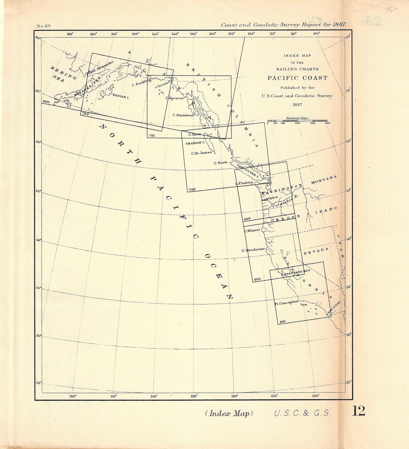 1887 USCS Index Map Sailing Charts Pacific Coast