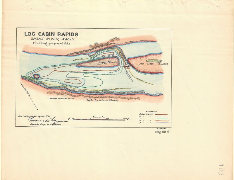 1892 Map of the Log Cabin Rapids,  Snake River WA w/hc from the Corps of Engineers