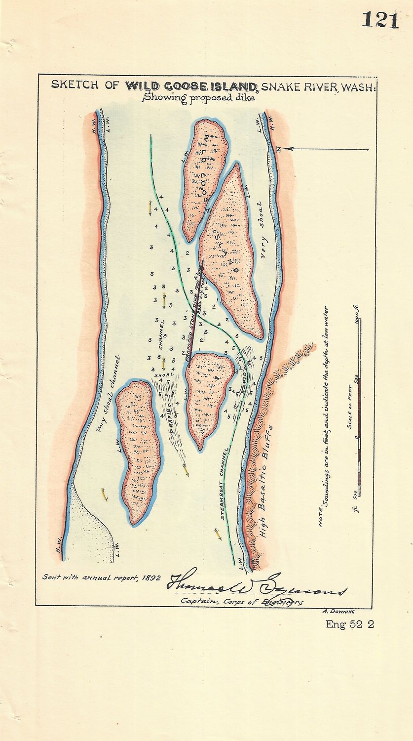 1892 Map of Wild Goose Island , Snake River WA w/hc from the Corps of Engineers