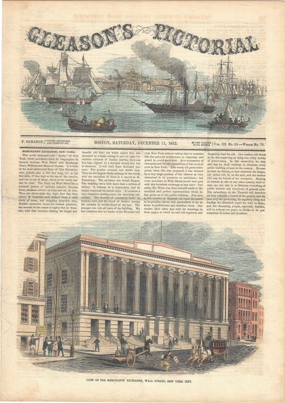 1852 View of the Merchants Exchange on Wall St from Gleasons Pictorial News