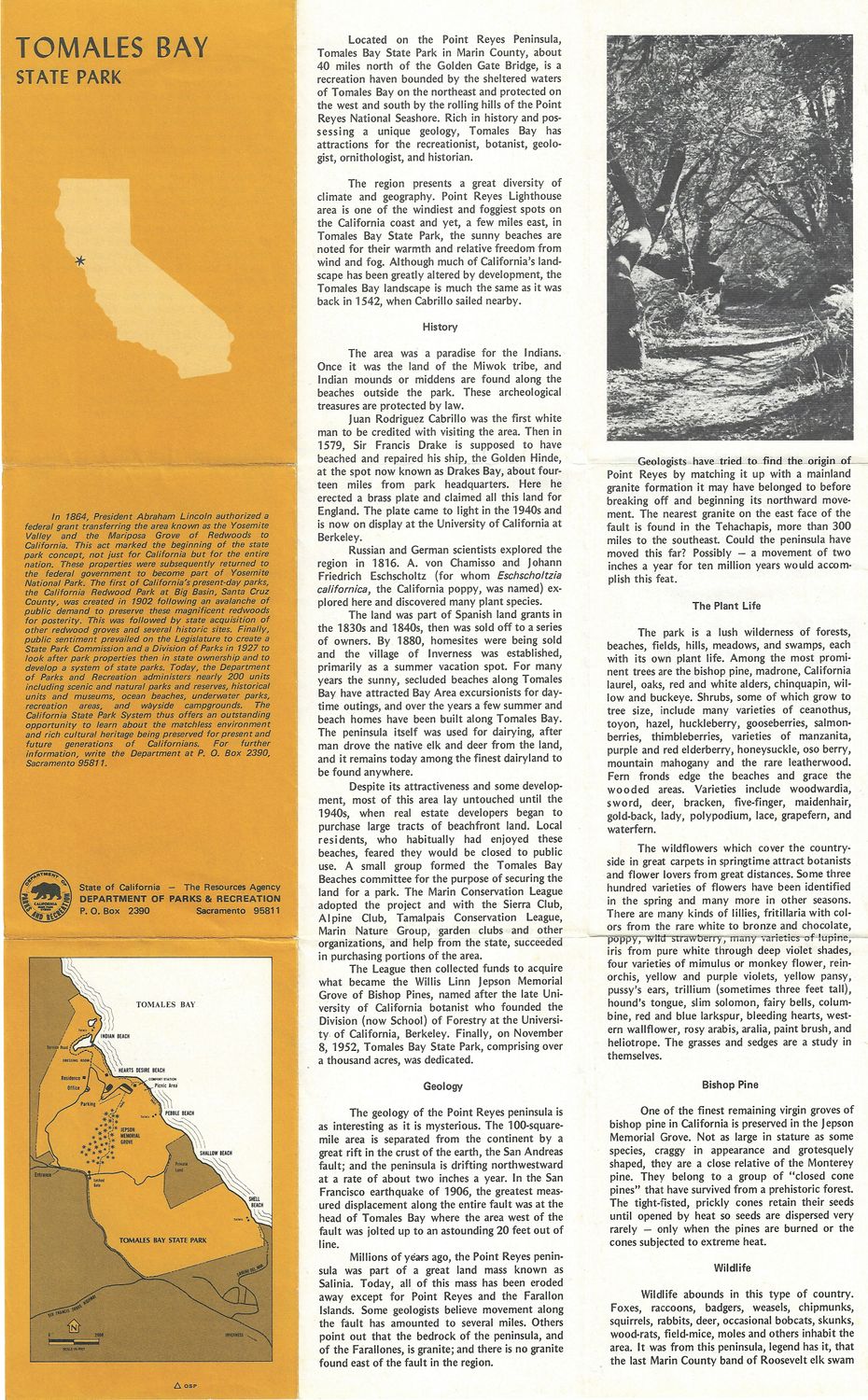 1970 Map of Tomales Bay State Park, Marin County Ca.