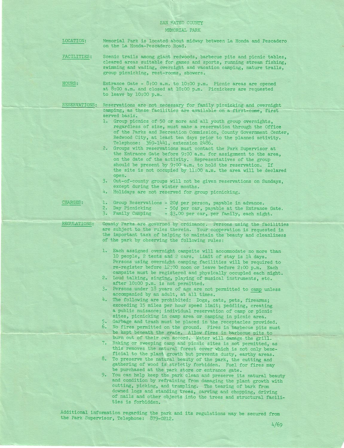 1969 Map of Memorial Park in San Mateo County