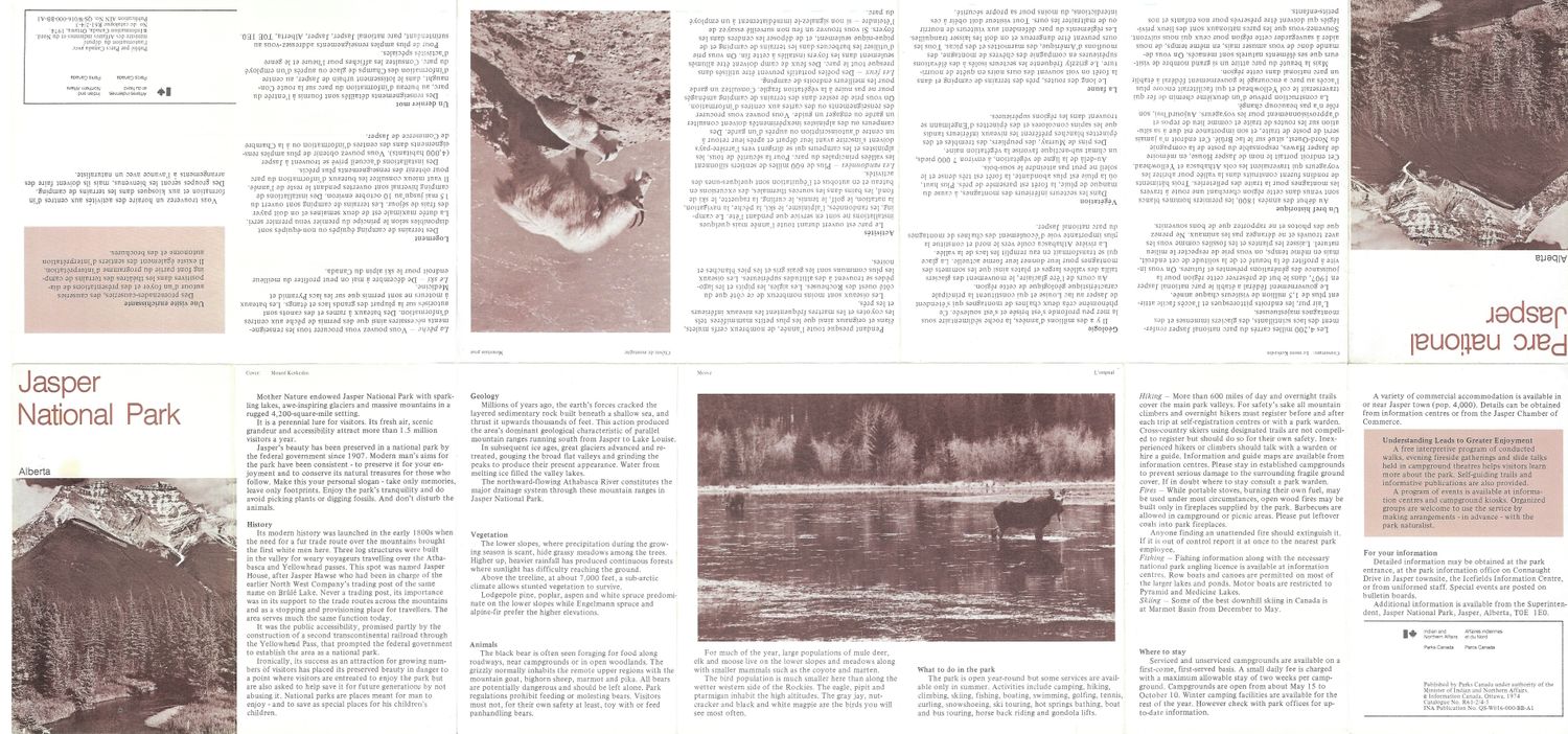 1974 Map of Jasper National Park in Alberta, Canada