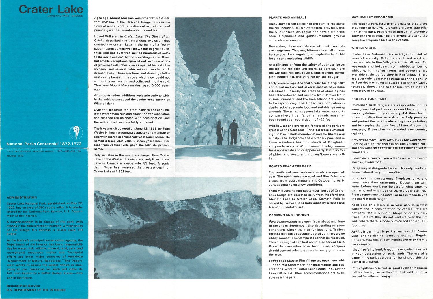 1972 Map of Crater Lake National Park in Oregon