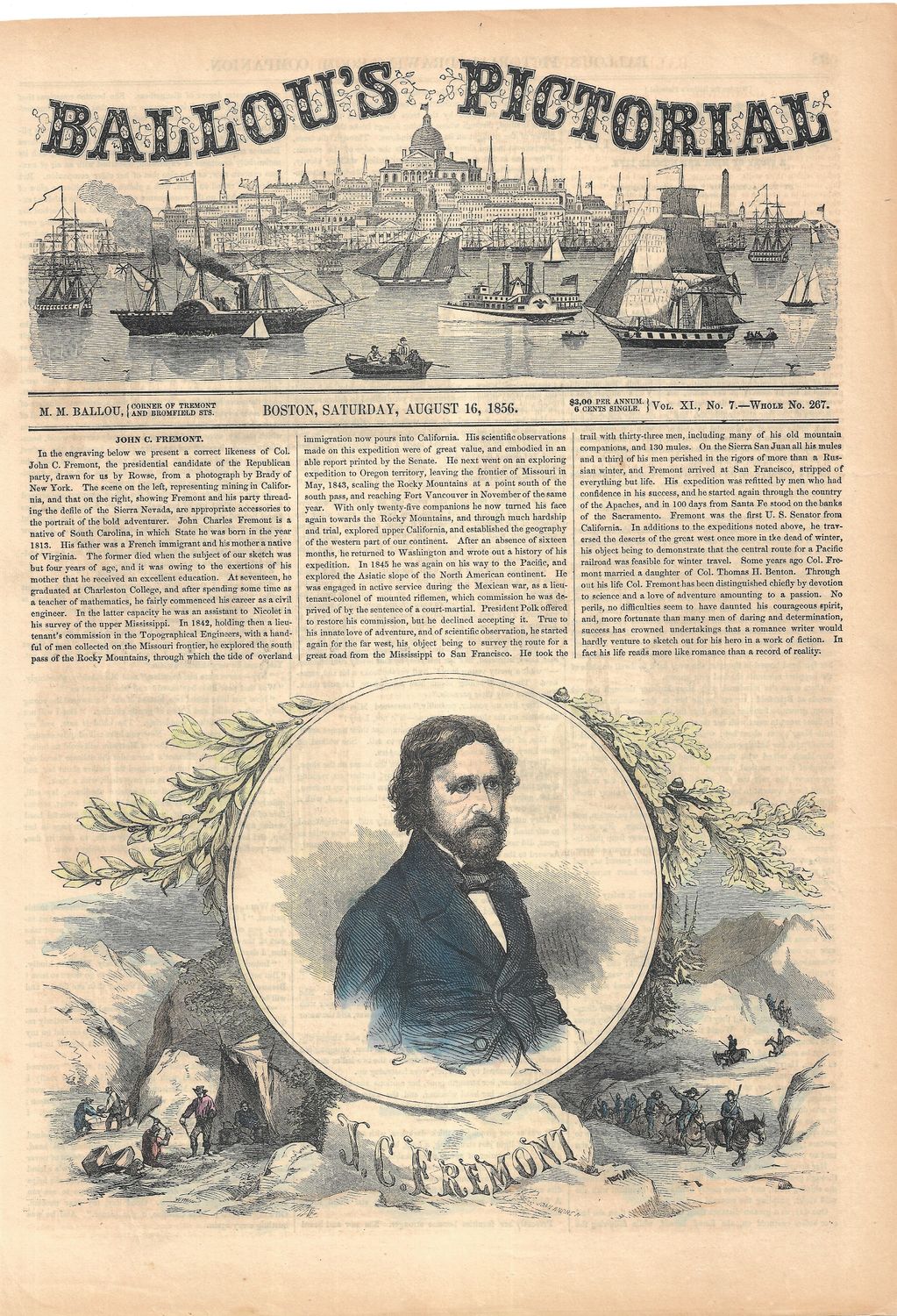 1856 Portrait of John C. Fremont w/ Text From Ballou&#39;s Pictorial w/hc